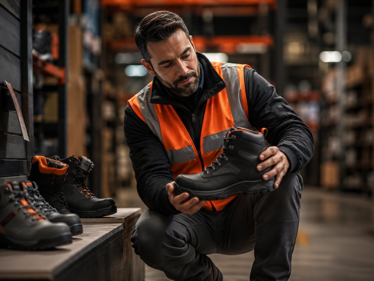 Trabajador inspeccionando una bota de seguridad en un entorno industrial