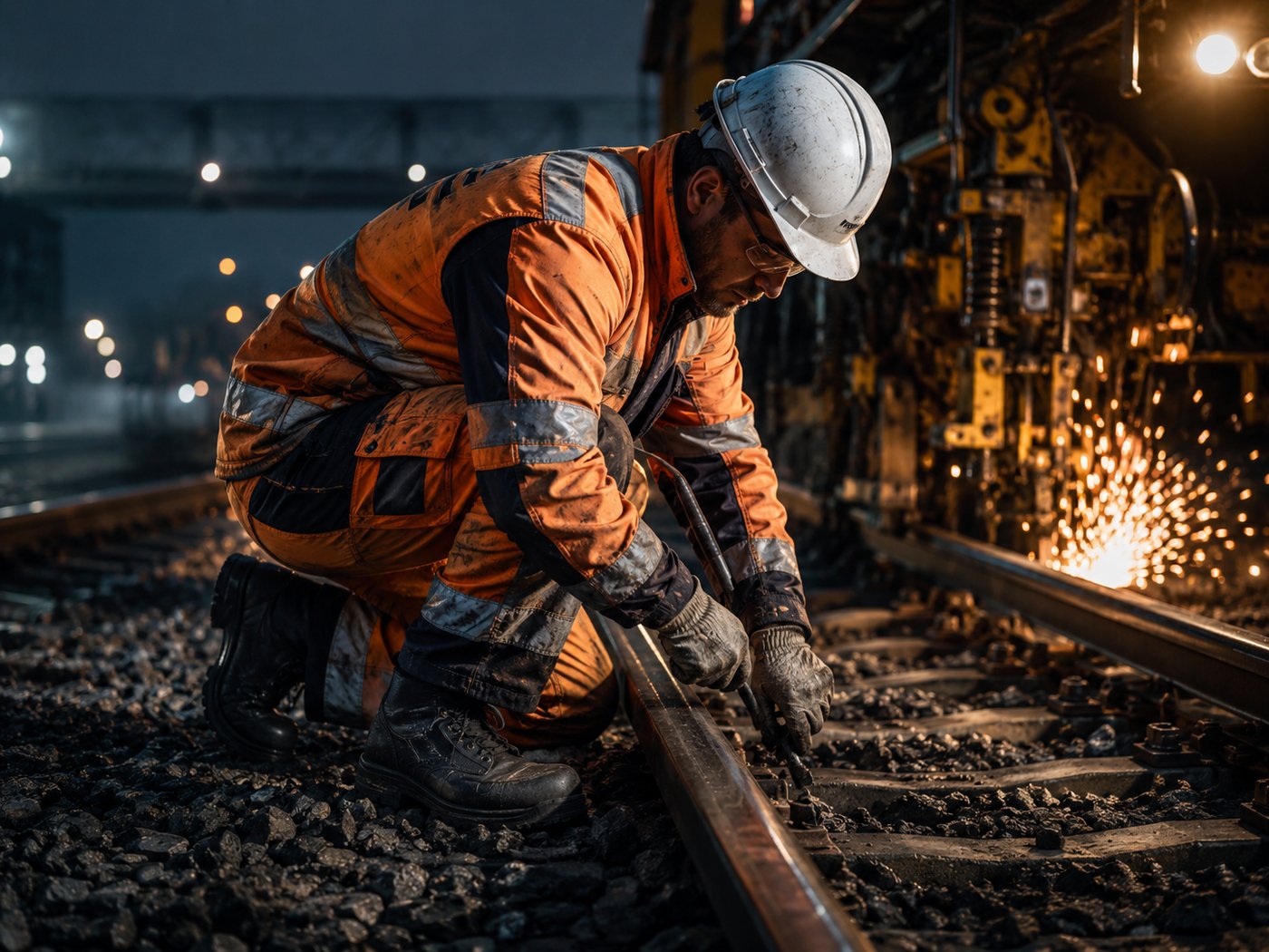 Trabajador realizando mantenimiento ferroviario sobre vías y balastro