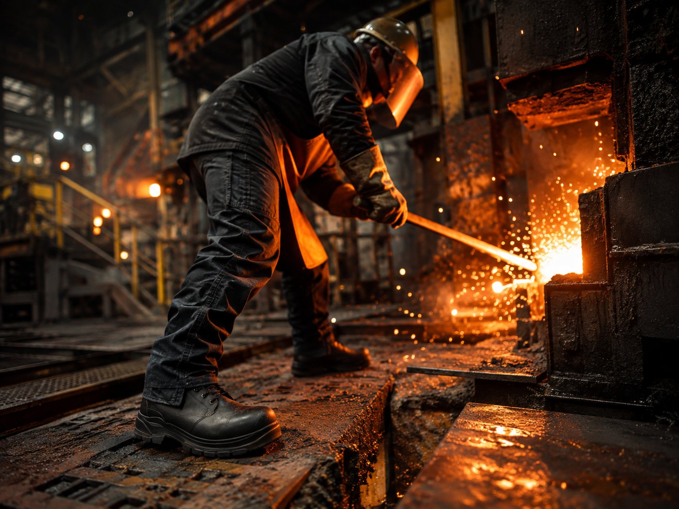 Trabajador frente a proceso metalúrgico de alta temperatura